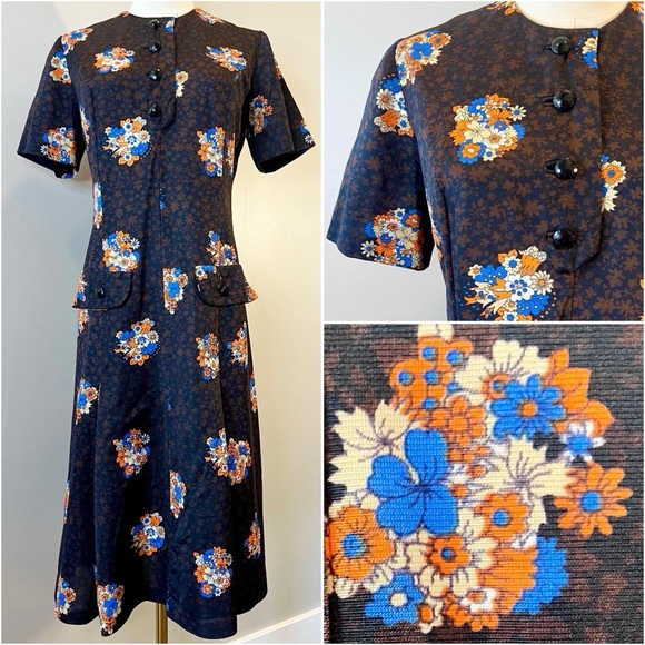 Vintage 1960s Flower Power Shift Dress Mod 60s Gogo Retro 70s Size Medium 1970s - Picture 1 of 8
